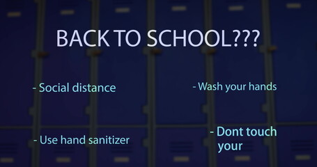 Back to school text and coronavirus concept texts against school lockers