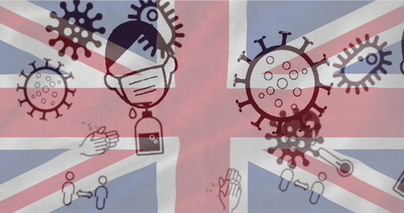 Coronavirus concept icons against British flag