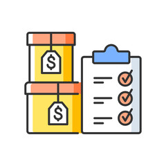 Goods ready for sale RGB color icon. Merchandise. Inventory items in manufacturing. Finished things in accounting. List and boxes. Isolated vector illustration. Simple filled line drawing