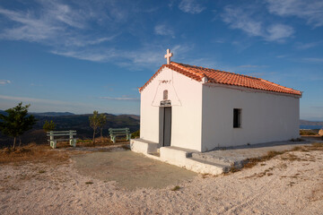 little church and sea panorama from the heights of Keratea at sunset in Athens in Greece