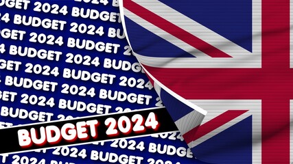 Fototapeta na wymiar United Kingdom Realistic Flag with Budget 2024 Title Fabric Texture Effect 3D Illustration