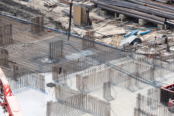 The huge metal structure on the construction site, aerial view