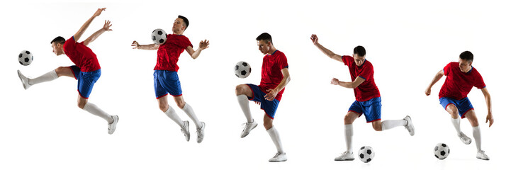 In motion. Young male footballer training isolated over white background. Flyer