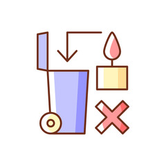 Never throw hot wax in trash bin RGB color manual label icon. Danger from melted wax. Flammable liquid waste. Isolated vector illustration. Simple filled line drawing for product use instructions