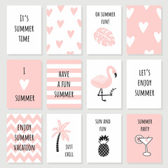 A set of cute pink cards and posters with summer elements.