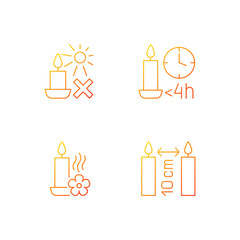 Candle warning label gradient linear vector manual label icons set. Avoid sunlight. Thin line contour symbols bundle. Isolated vector outline illustrations collection for product use instructions