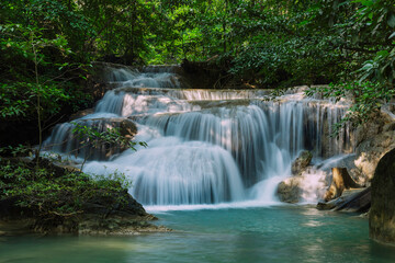 Fototapeta na wymiar waterfall 1st step at Earawan national park, Kanchanaburi province, Thailand