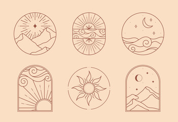 Bundle of vector bohemian logos; icons;symbols with sun;mountain landscape;aurora lights;crescent moon;sea;sky;star and sunburst. Boho linear symbols in trendy minimal style.Modern celestial emblems.