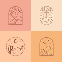 Bundle of vector travel bohemian logos or icons with mountain landscape,desert dunes,sun,crescent moon,sky and sunburst.Boho linear symbols in trendy minimal style.Modern celestial emblems.