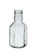 A empty glass bottle with sides for sauces and drinks. Isolated on a white background, close-up