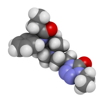 Alfentanil opioid analgesic drug molecule. 3D rendering.