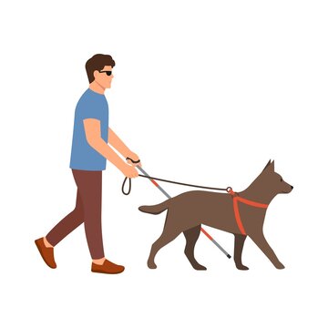 Blind man with cane and guide dog.Disabled male with blindness.Walking with Seeing Eye dog. Vector illustration isolated on white background.