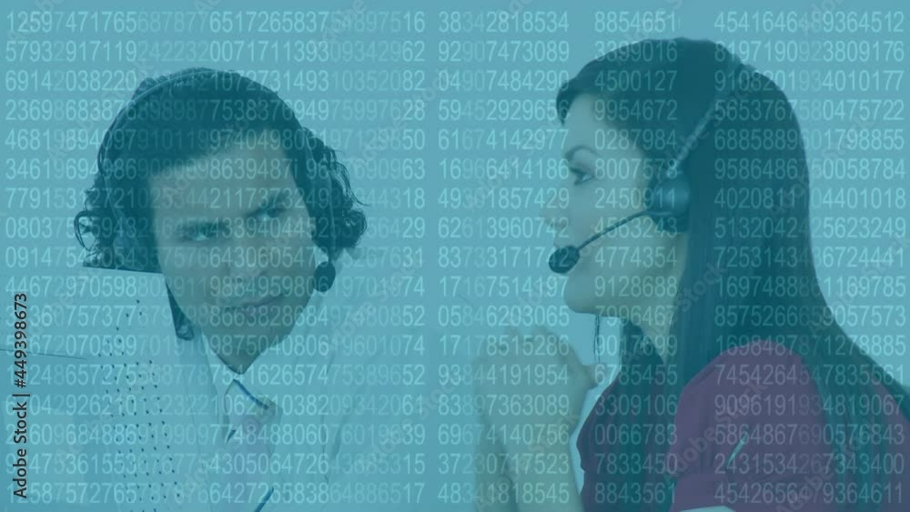 Poster Binary coding data processing over diverse male and female customer care executives talking