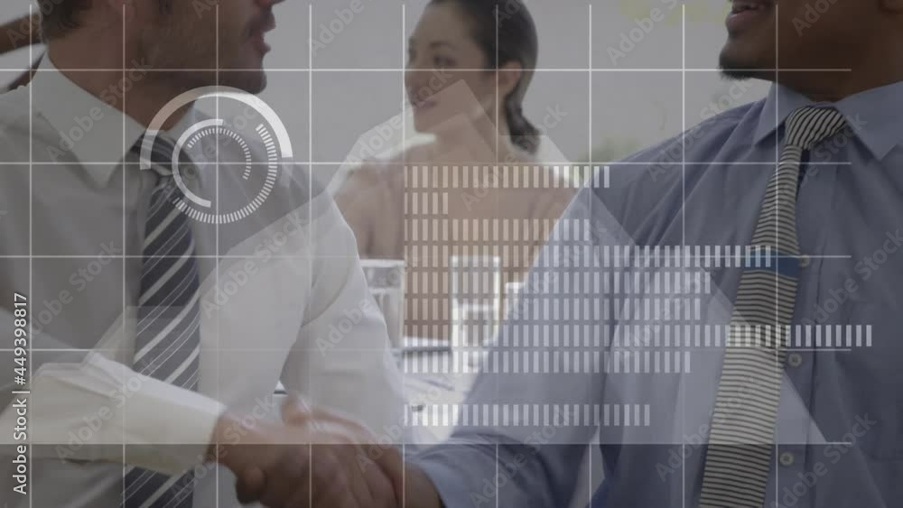 Poster digital interface with data processing against two diverse businessmen shaking hands
