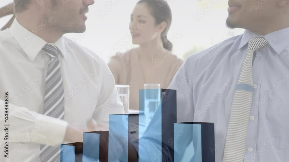 Poster statistical data processing against two diverse businessmen shaking hands at office