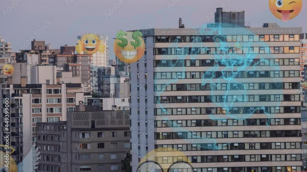 Poster spinning globe and multiple face emoji icons floating against tall buildings in background