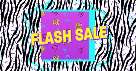 Digital animation of flash sale text on purple banner over zebra stripes pattern on white background - Powered by Adobe