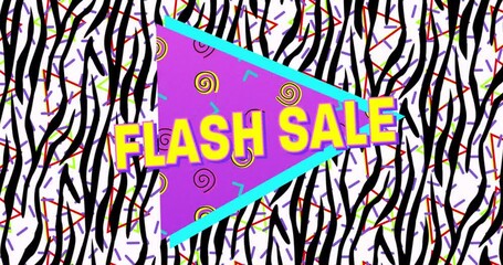 Digital animation of flash sale text on purple banner over zebra stripes pattern on white background - Powered by Adobe