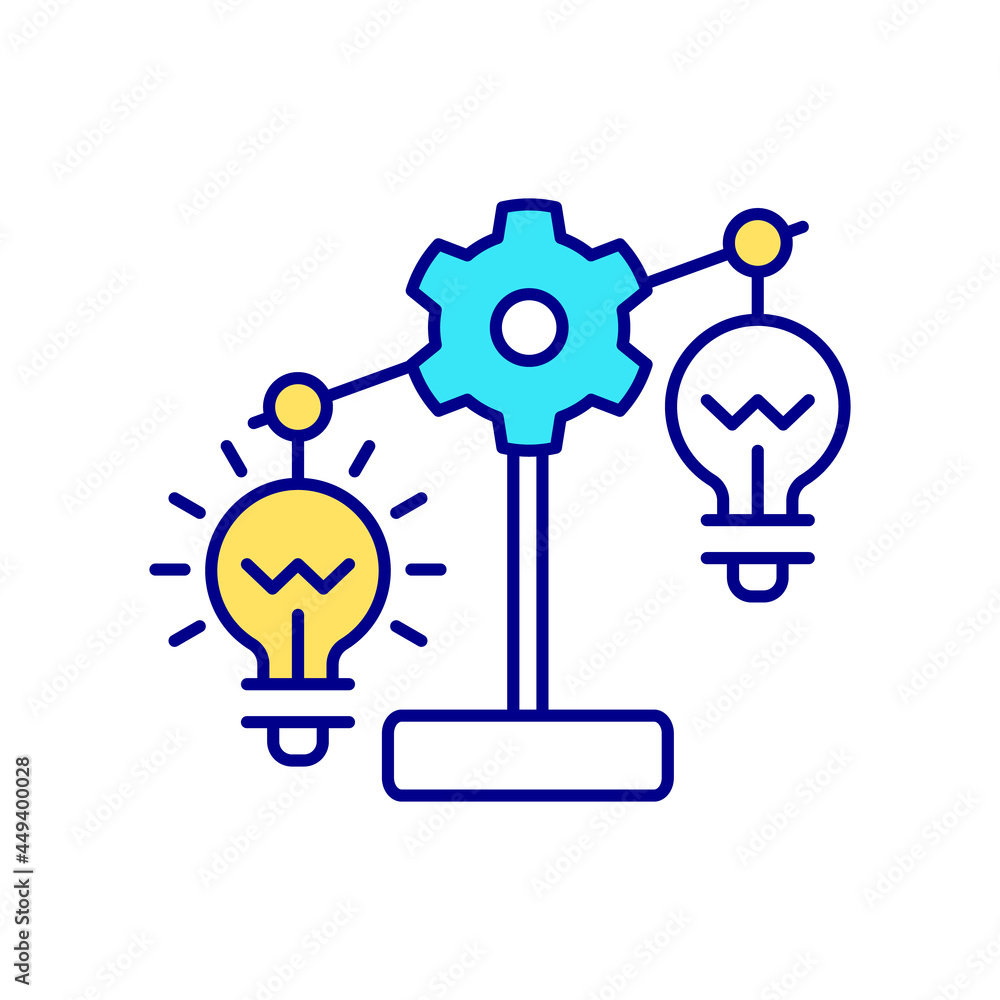 Poster Lightbulbs and gear in balance RGB color icon. Street light control. Light on when movement detected. Sensor automatic system. Isolated vector illustration. Simple filled line drawing