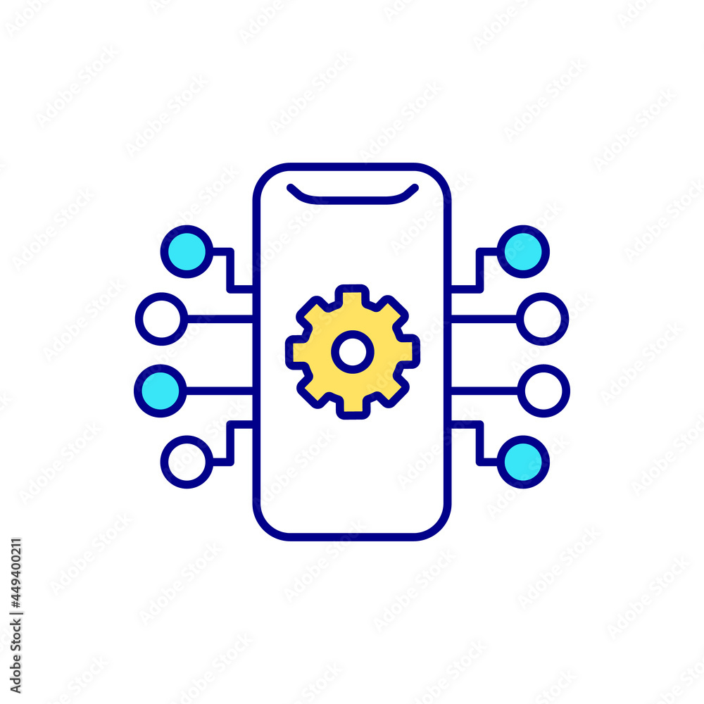 Poster Smartphone and gear on display RGB color icon. Mobile phone and settings. Phone software. Application landscape. App management. Isolated vector illustration. Simple filled line drawing