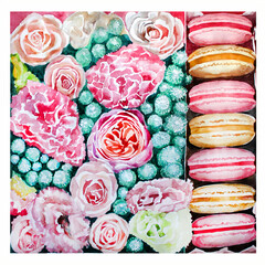 Watercolor illustration box with roses and macaroon cookies