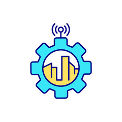 City buildings and gear RGB color icon. Smart city. Urban landscape irrigation. Saving water. Sensor system for automated moisturizing. Isolated vector illustration. Simple filled line drawing