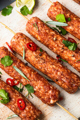 Lamb or Beef Shshlik or Shish Kebab Prepared for BBQ Grill. Top View