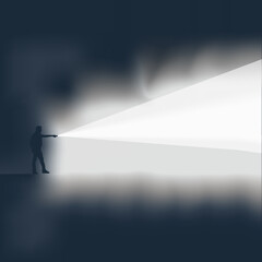 Vector A person searching for their way in the dark of night using a flashlight, against a dark gray background