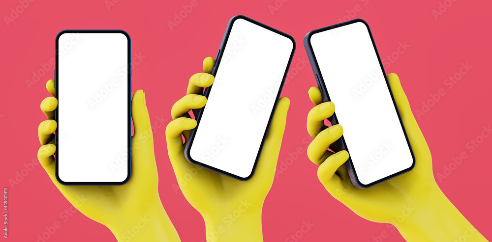 Canvas Prints hands are holding smartphones with blank screen - 3d rendered yellow hands on red background. three 