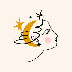 Simple abstract face portrait. Linear Ink brush. Line art current contemporary continuous painting. Modern fashion style abstraction poster.