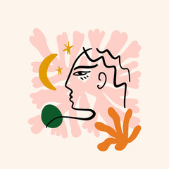 Simple abstract face portrait. Linear Ink brush. Line art current contemporary continuous painting. Modern fashion style abstraction poster.