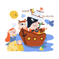 Evil pirate with his friend and parrot sailing on a ship. Beautiful mermaid sitting on a rock. Vector illustration in cartoon style on white isolated background. For printing postcards, posters