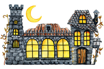 Obraz premium Gothic castle clipart, halloween horrible house and banquet hall. Hand drawn watercolor illustration isolated on white white. Haunted house, landscape, landscape for Halloween holiday design