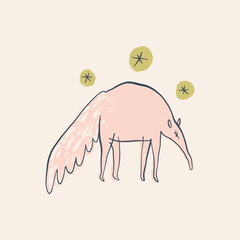 Cute ant-eater Australian animal cartoon doodle kids style drawing.