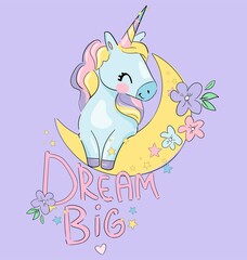 Hand drawn cute unicorn and flowers magic vector illustration. Childrens Trend Print picture