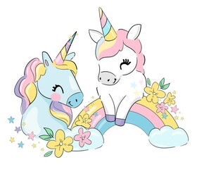 Obraz na płótnie Canvas Hand drawn cute unicorn and flowers magic vector illustration. childish Trend Print picture