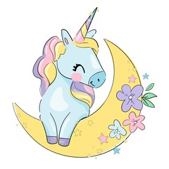 Hand drawn cute unicorn and flowers magic vector illustration. Childrens Trend Print picture