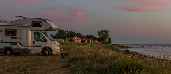Panorama of a Swedish beach at Vikhög village by sundown in Barsebäck nuclear power station