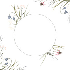 Round frame with meadow flowers and herbs. Isolated illustration