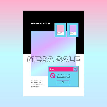 Retro poster template with user interface.  Vintage sale banner with computer software control screen panels and dialogs. Vector illustration