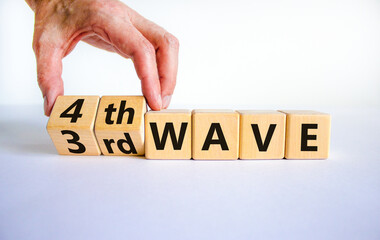 Symbol for a fourth wave of the covid-19 corona virus. Doctors turns cubes and changes words '3rd...