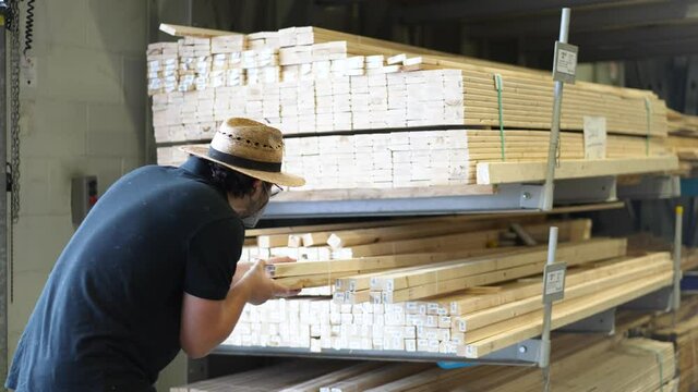 Rear view of contractor choosing wood lumber at a hardware store.