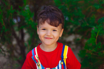 A happy child looks into the camera. bright and colorful portrait of a brave boy in a red T-shirt...