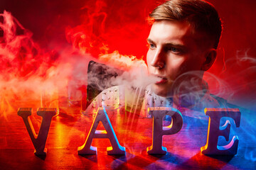 Vaping. Vape logo next to a young guy. Vaper in clouds of smoke. Lot of smoke next to vape logo....