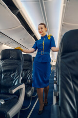 Smiling stewardess leaning her gloved hands on the airline seats