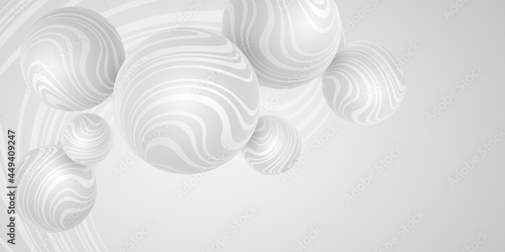 Poster vector 3d light spheres with wavy striped pattern. geometry design. bubble background. dynamic balls