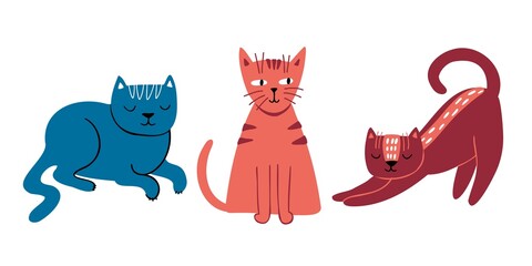 doodle flat set of cute cats. hand drawn cats isolated on white background. colorful vector illustration. illustration for stickers.