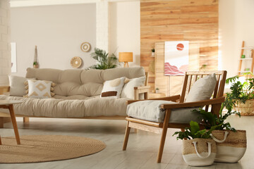 Light room interior with stylish wooden furniture. Idea for design