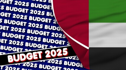 United Arap Emirates Realistic Flag with Budget 2025 Title Fabric Texture Effect 3D Illustration