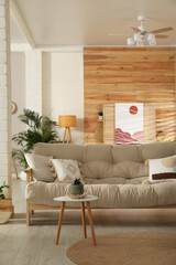 Light room interior with stylish wooden sofa and table. Idea for design